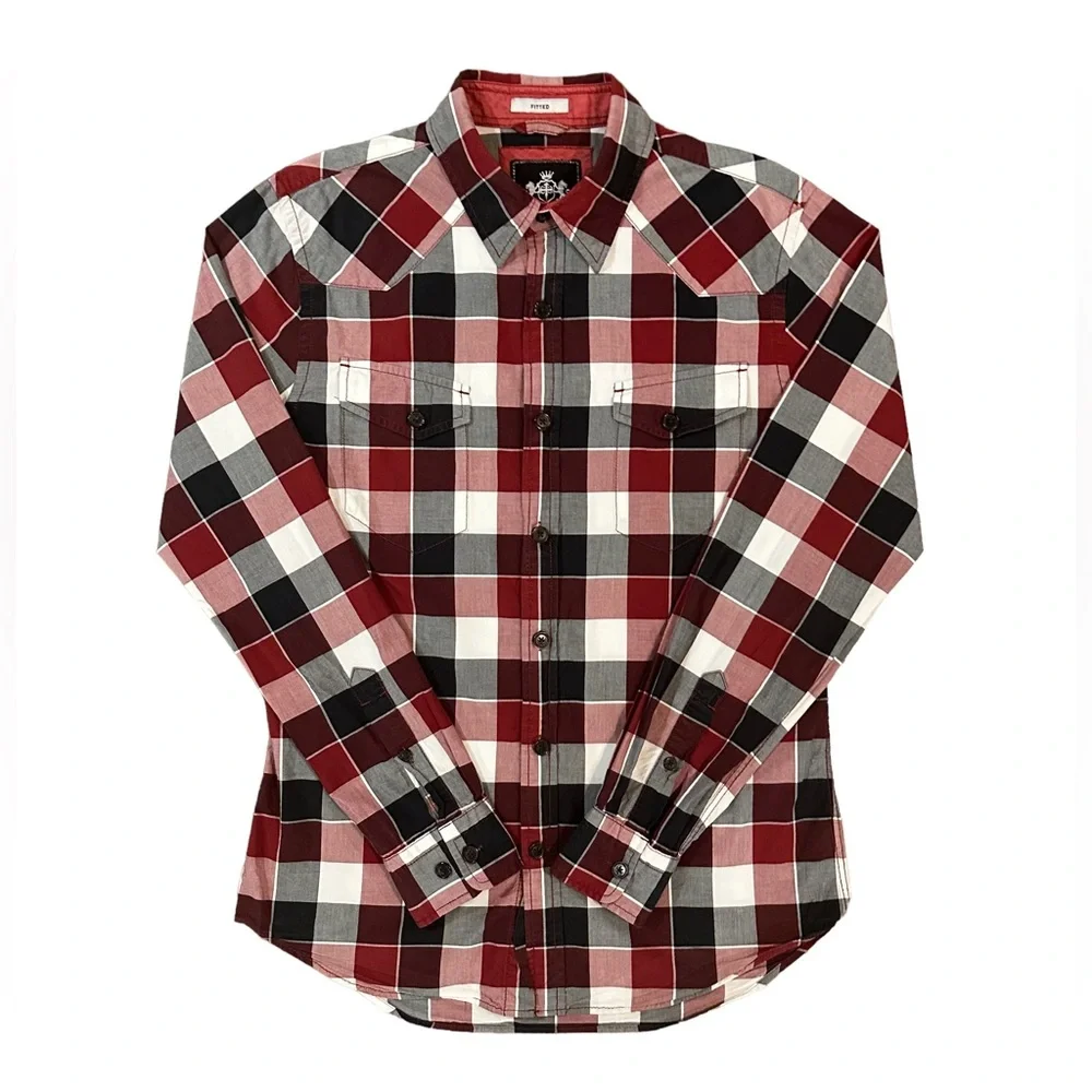 Express Men's Maroon/ White Plaid Button Up Fitted Shirt Size M Front Pockets - Picture 3 of 16